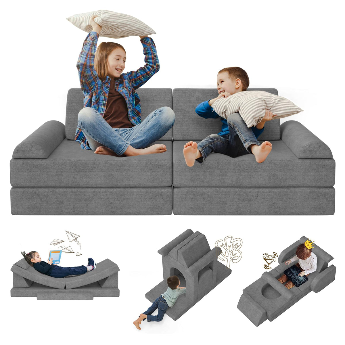 Zefinot modular kids play couch assembly showcases versatile configurations for imaginative play.