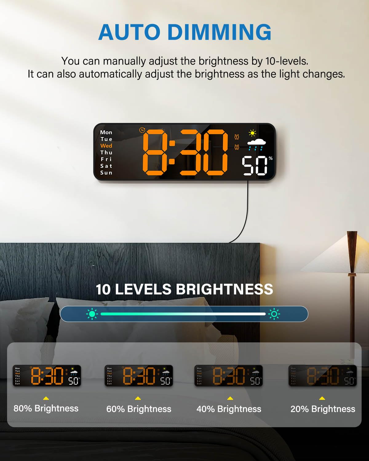 Zelaclock auto dimming feature adjusts brightness for comfortable night viewing