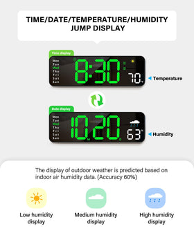 Date, week, temperature and humidity display supports daily planning