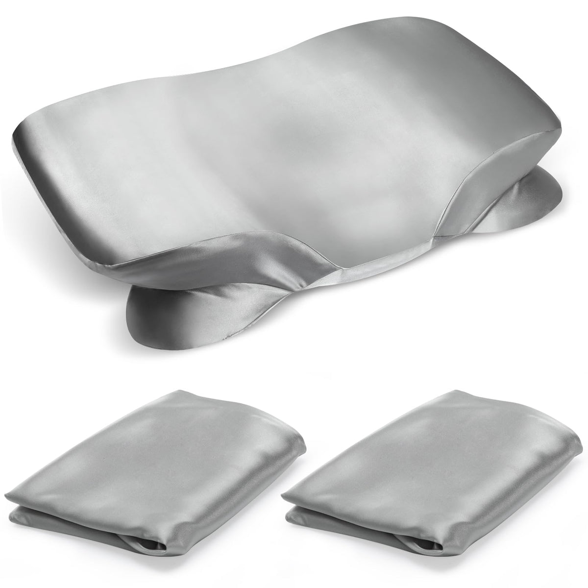 Zelimun cervical satin pillowcase in grey fits contour pillows and protects hair.