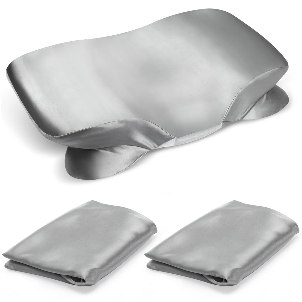 Zelimun cervical satin pillowcase in grey fits contour pillows and protects hair.