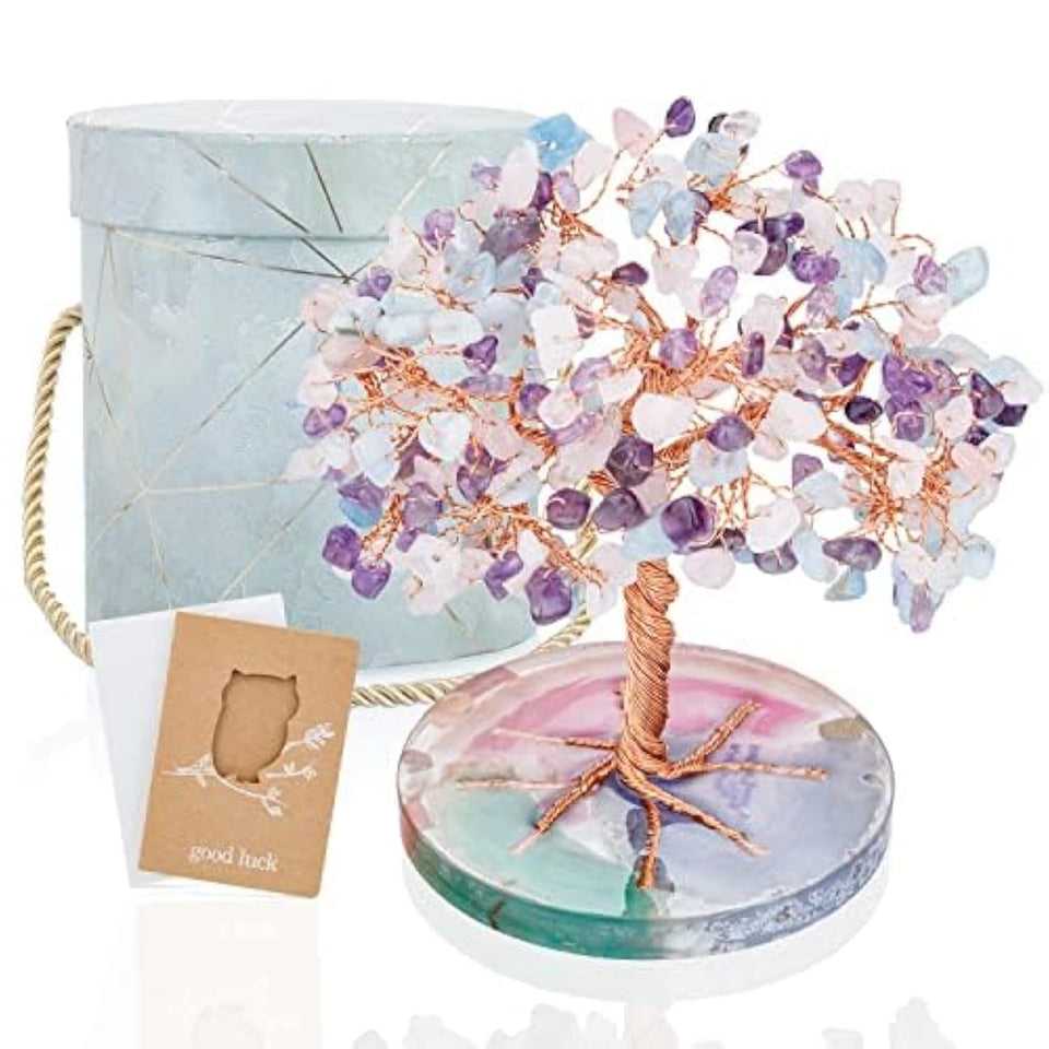 ZenBless crystal tree with amethyst leaves on natural agate base for calm balance