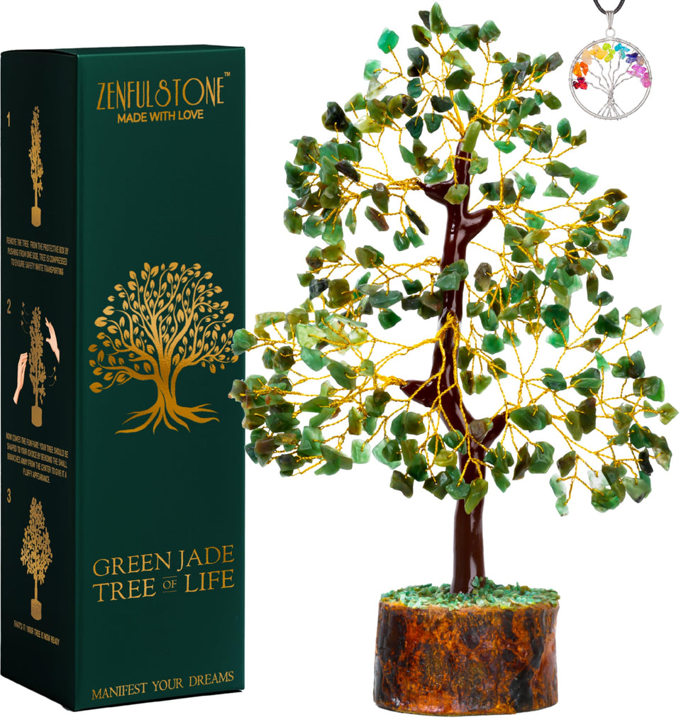 ZENFULSTONE Green Jade Crystal Tree on wooden base promotes balance and calm