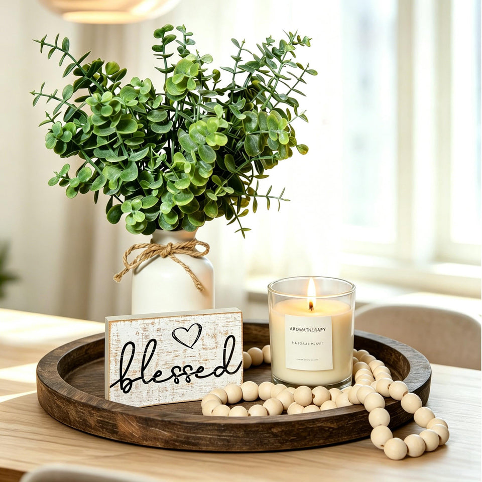 ZENLIV wood round tray enhances tabletop displays with a warm rustic base.