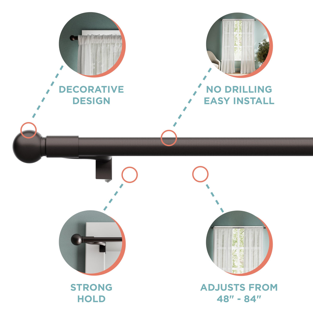 Zenna Home bronze finish with round finials adds modern decor touch.