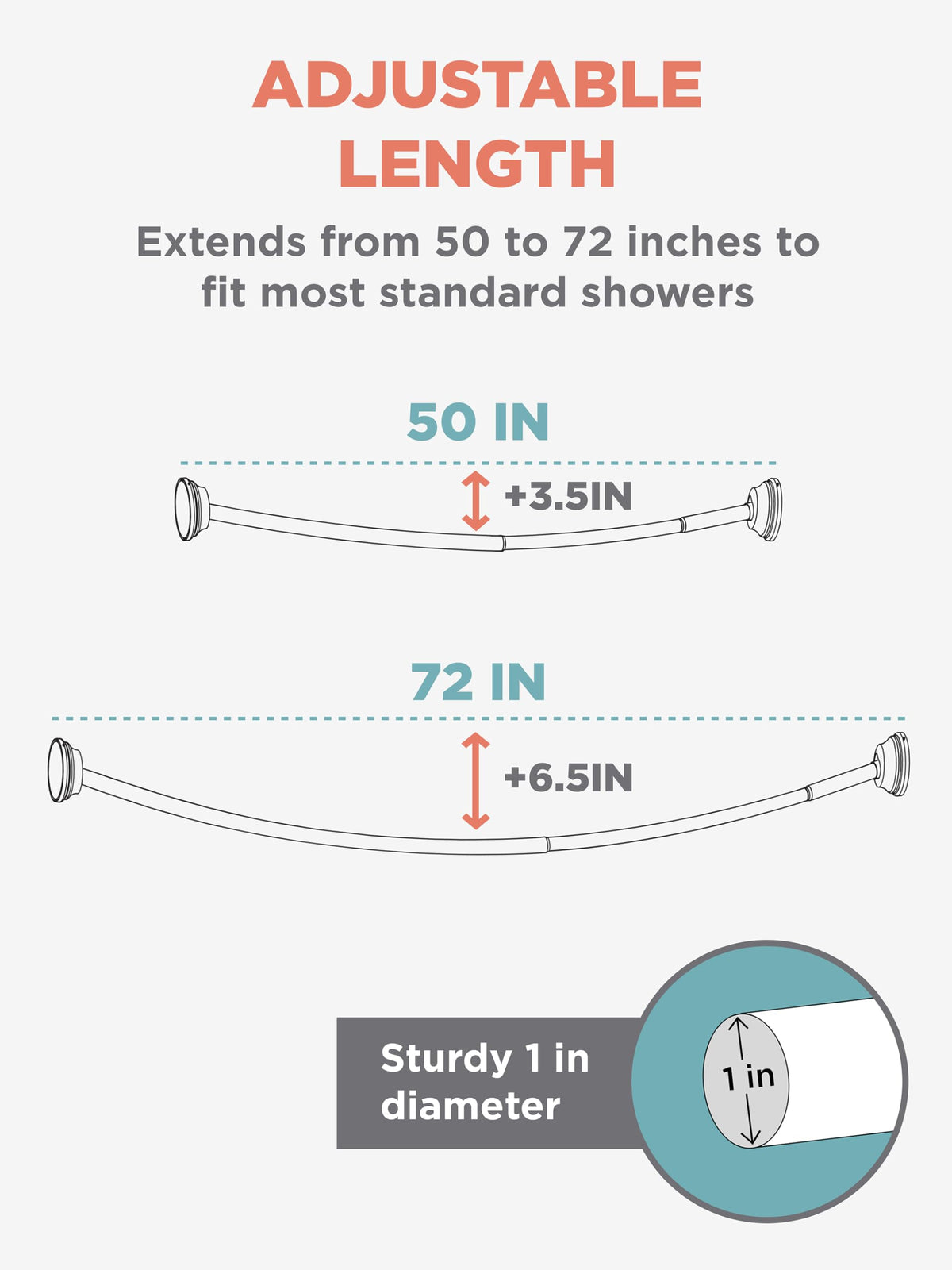 Zenna Home curved shower rod showcases rustproof aluminum for lasting performance.