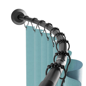Zenna Home matte black curved shower rod showing extended space inside the shower for easier movement.