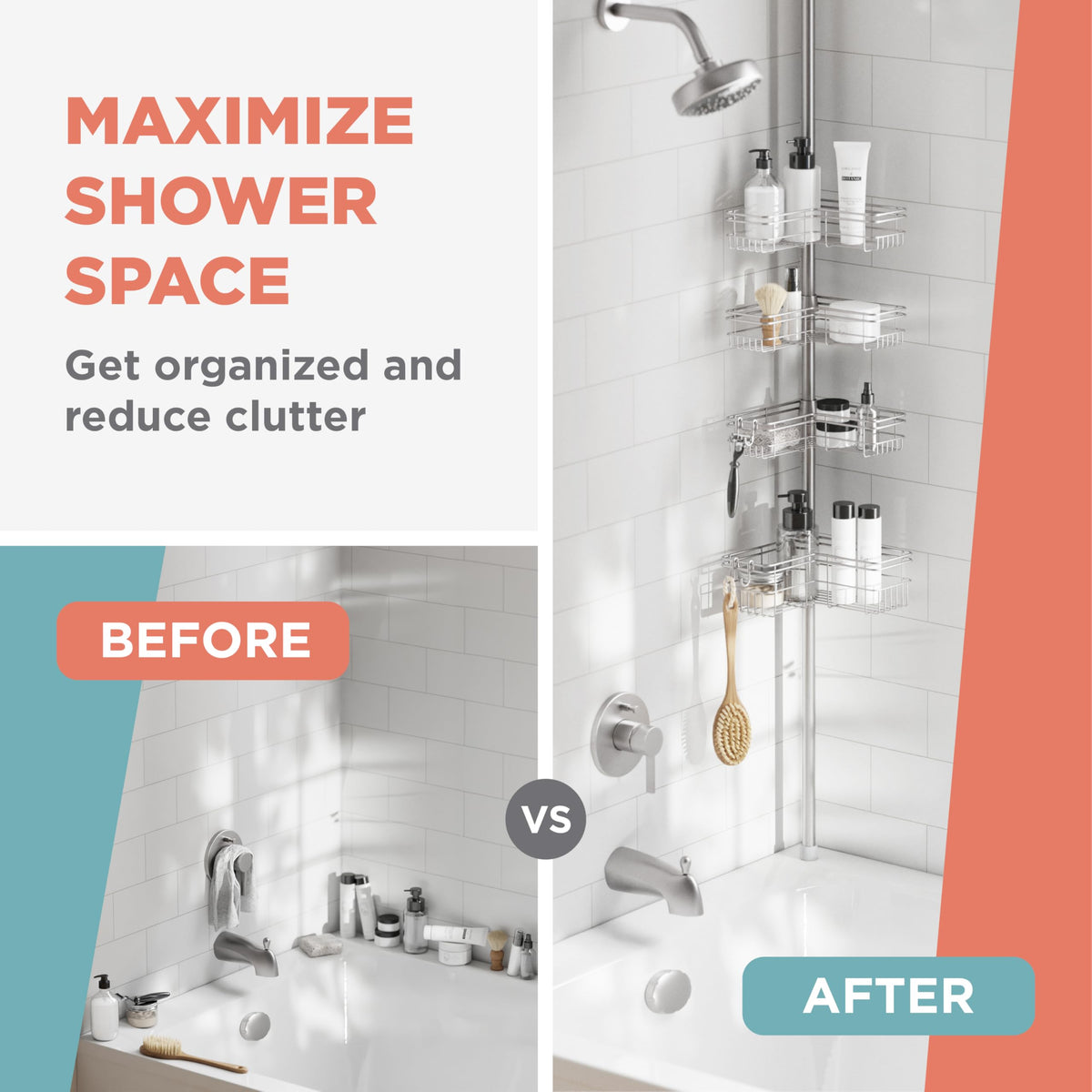 Zenna Home space-saving design maximizes shower storage and reduces clutter.