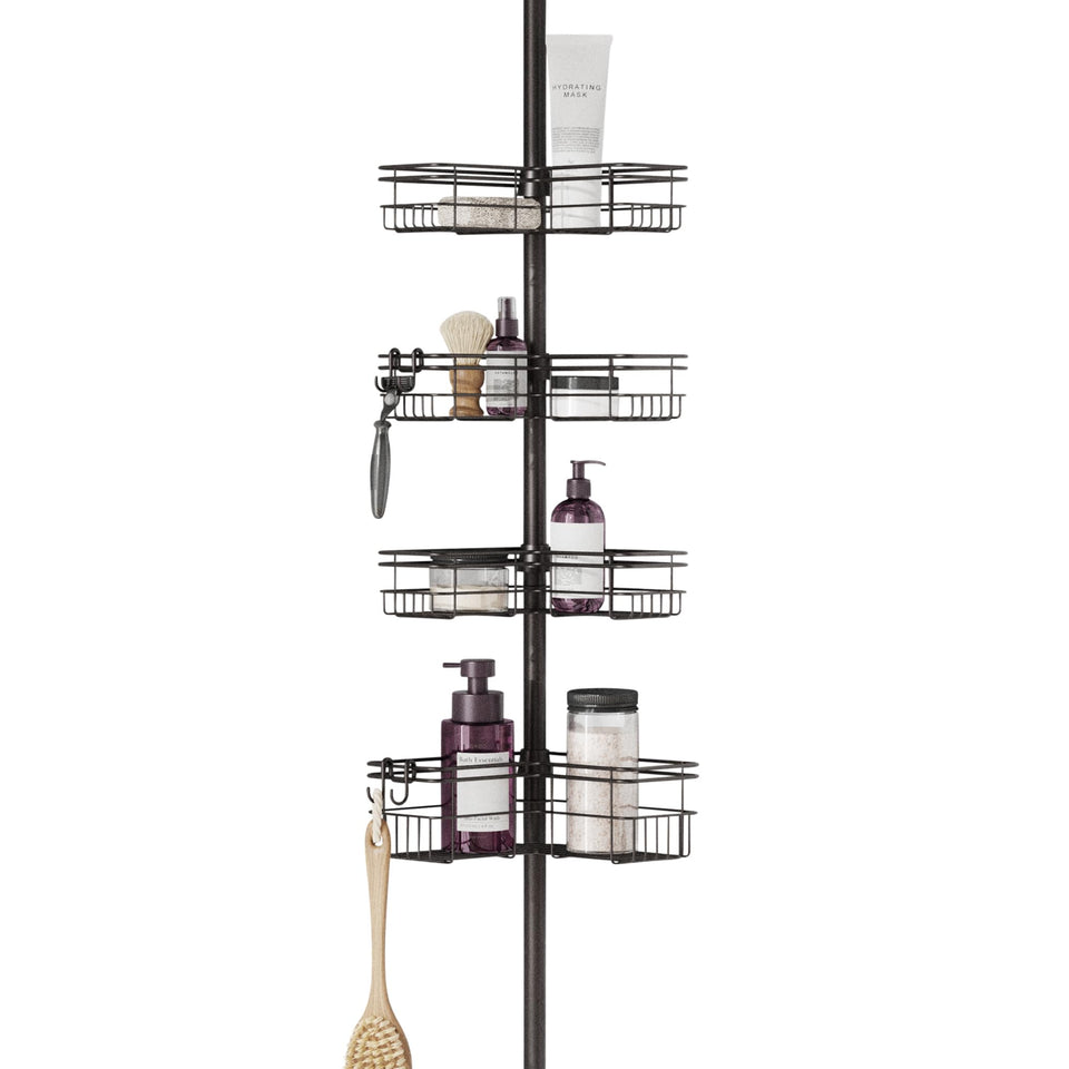 Zenna Home tension pole shower caddy with four baskets keeps items organized.