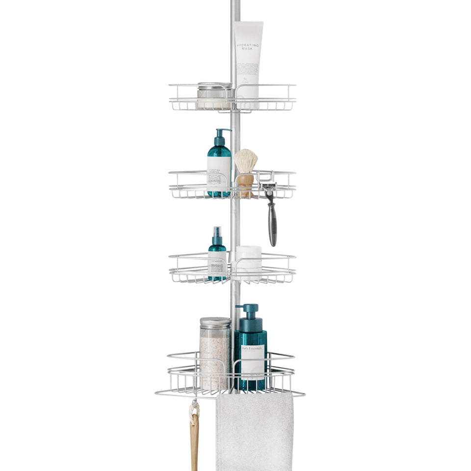 Zenna Home tension pole shower caddy in corner keeps products organized and accessible
