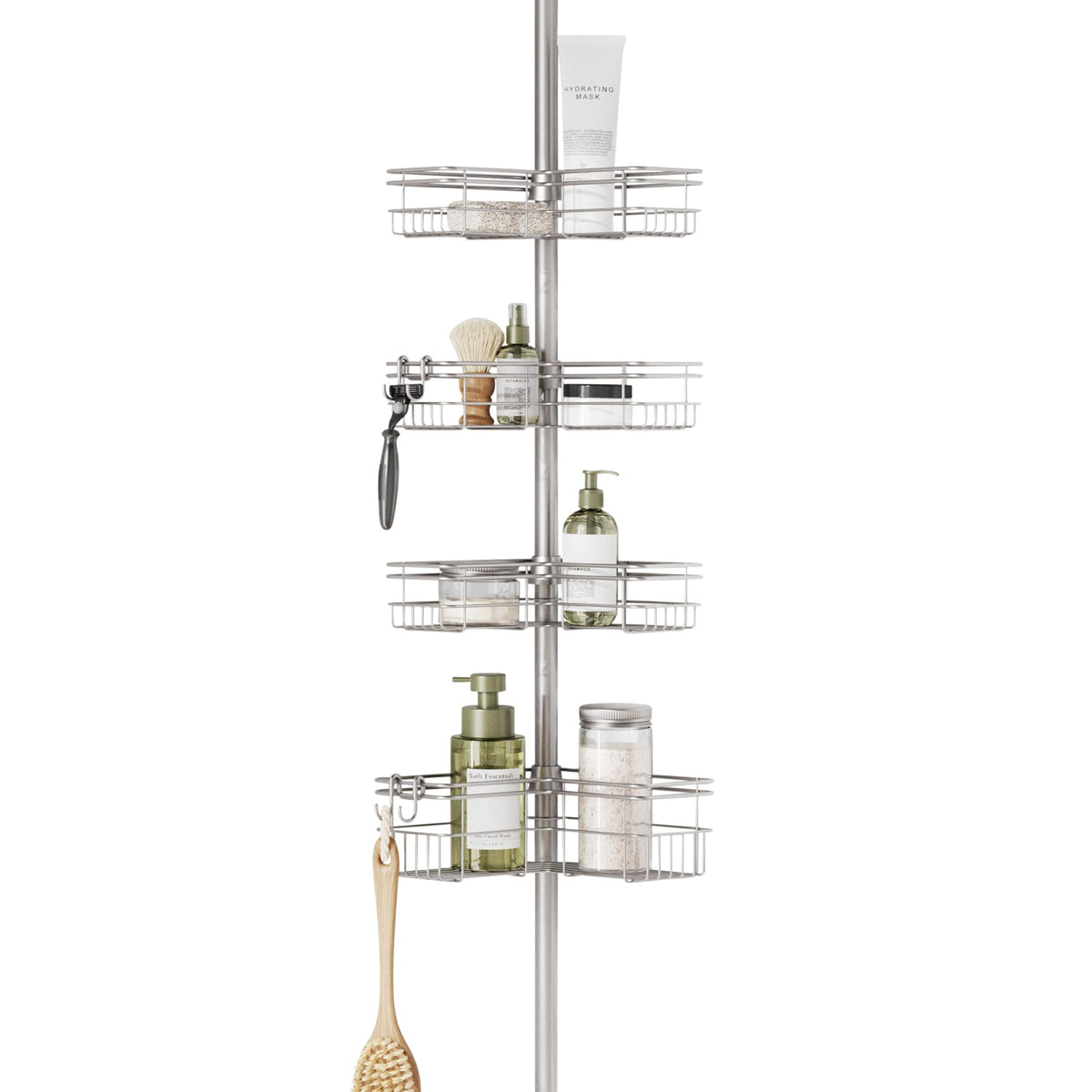 Zenna Home tension pole shower caddy corner demonstrates space-saving corner fit for compact showers.