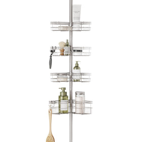 Zenna Home tension pole shower caddy corner demonstrates space-saving corner fit for compact showers.