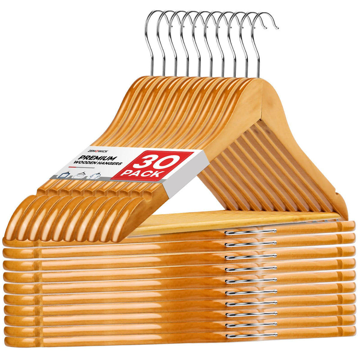 Zenowick wooden coat hangers with 18 lb capacity to protect garments.