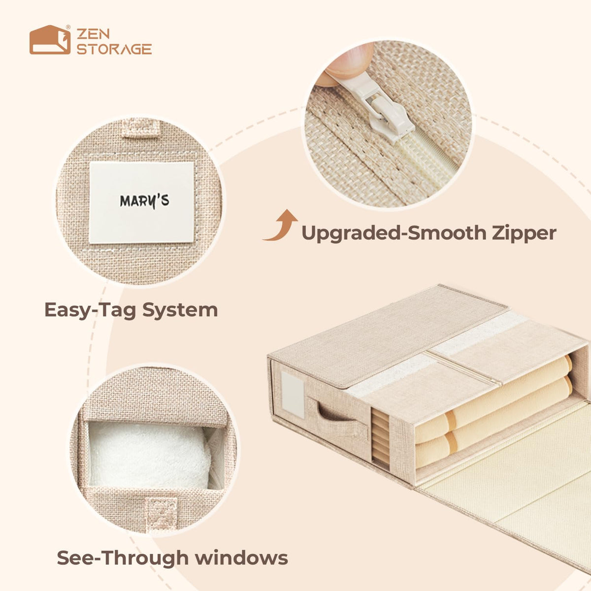 ZenStorage stores flat, fitted sheets and pillowcases in one convenient box.