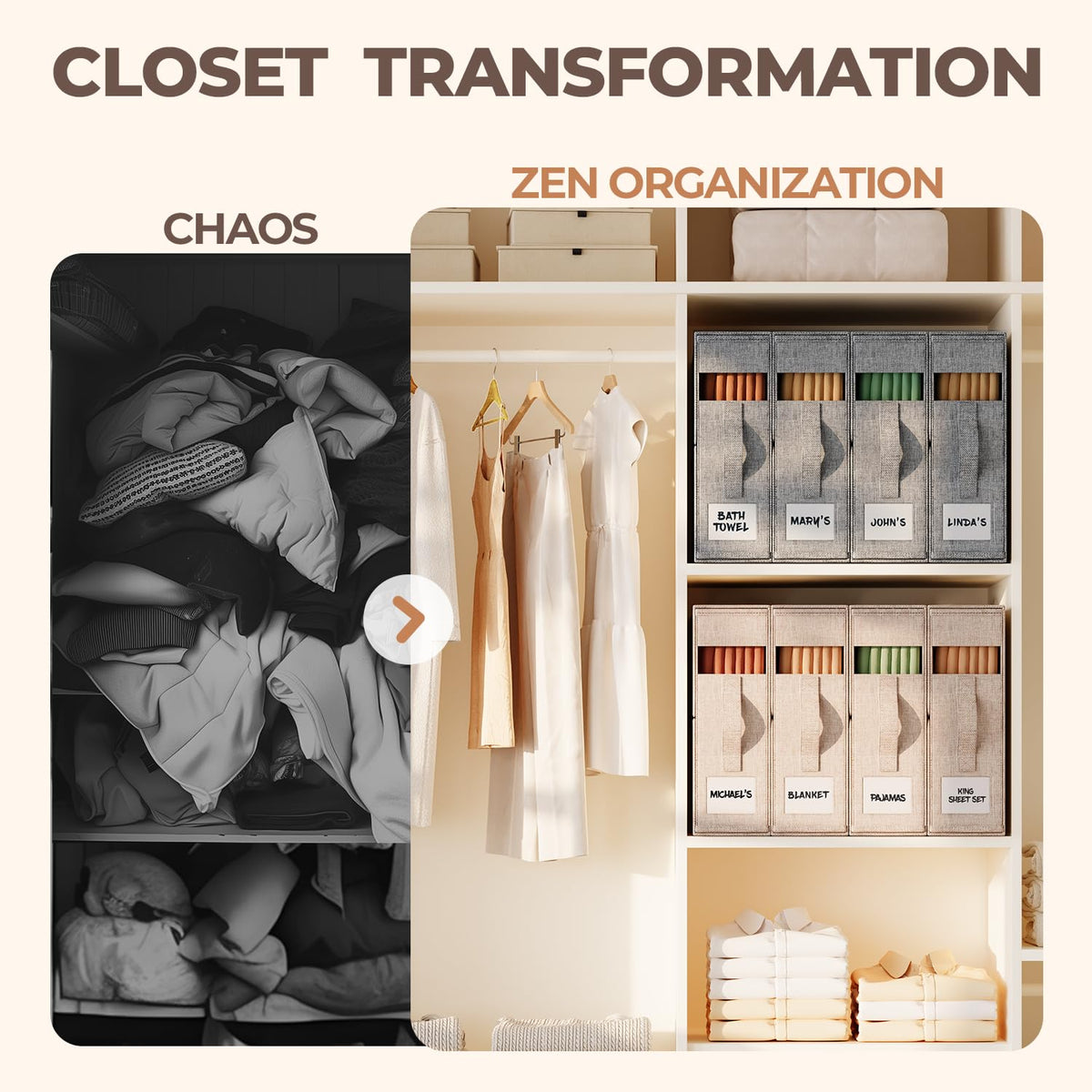 ZenStorage king-size sheet organizer holds flat, fitted sheets and pillowcases securely.