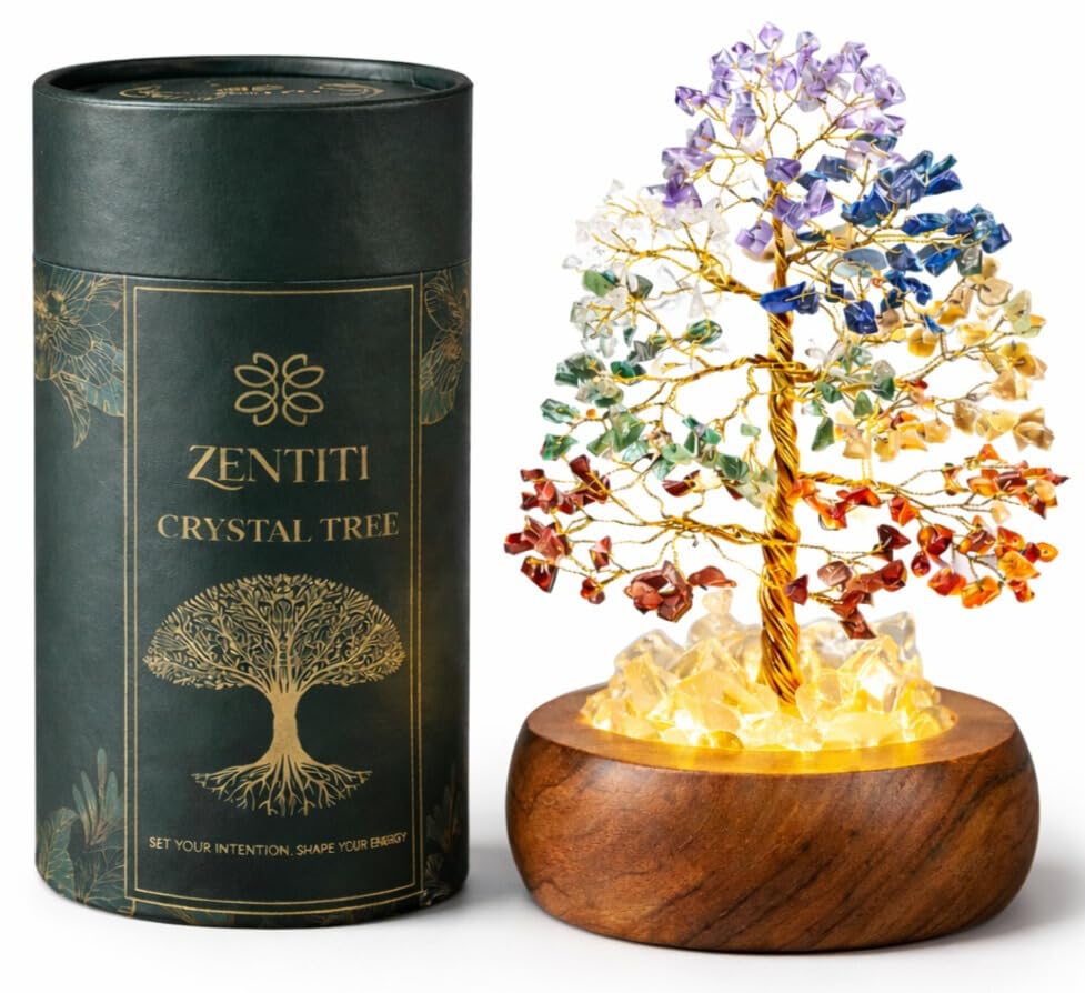 Zentiti 7 Chakra Crystal Tree with LED base illuminates your desk.