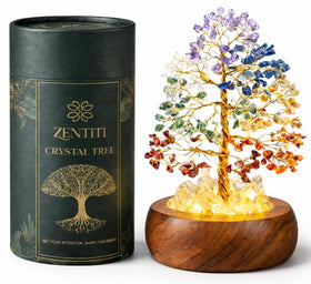 Zentiti 7 Chakra Crystal Tree with LED base illuminates your desk.
