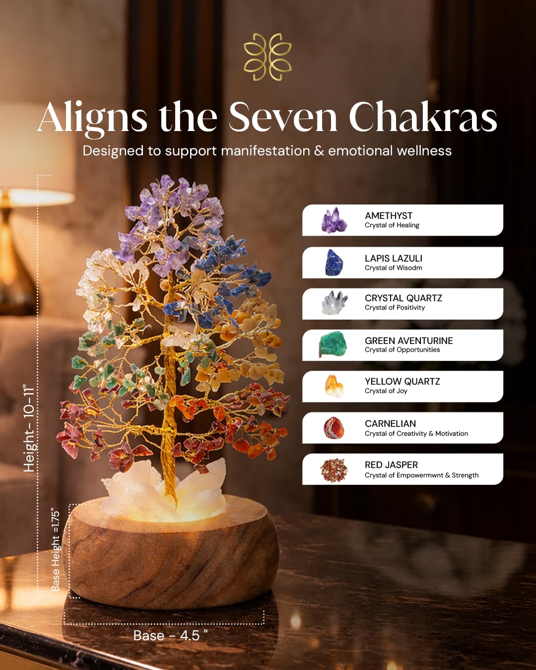 Zentiti Tree of Life rests on natural acacia wood base.