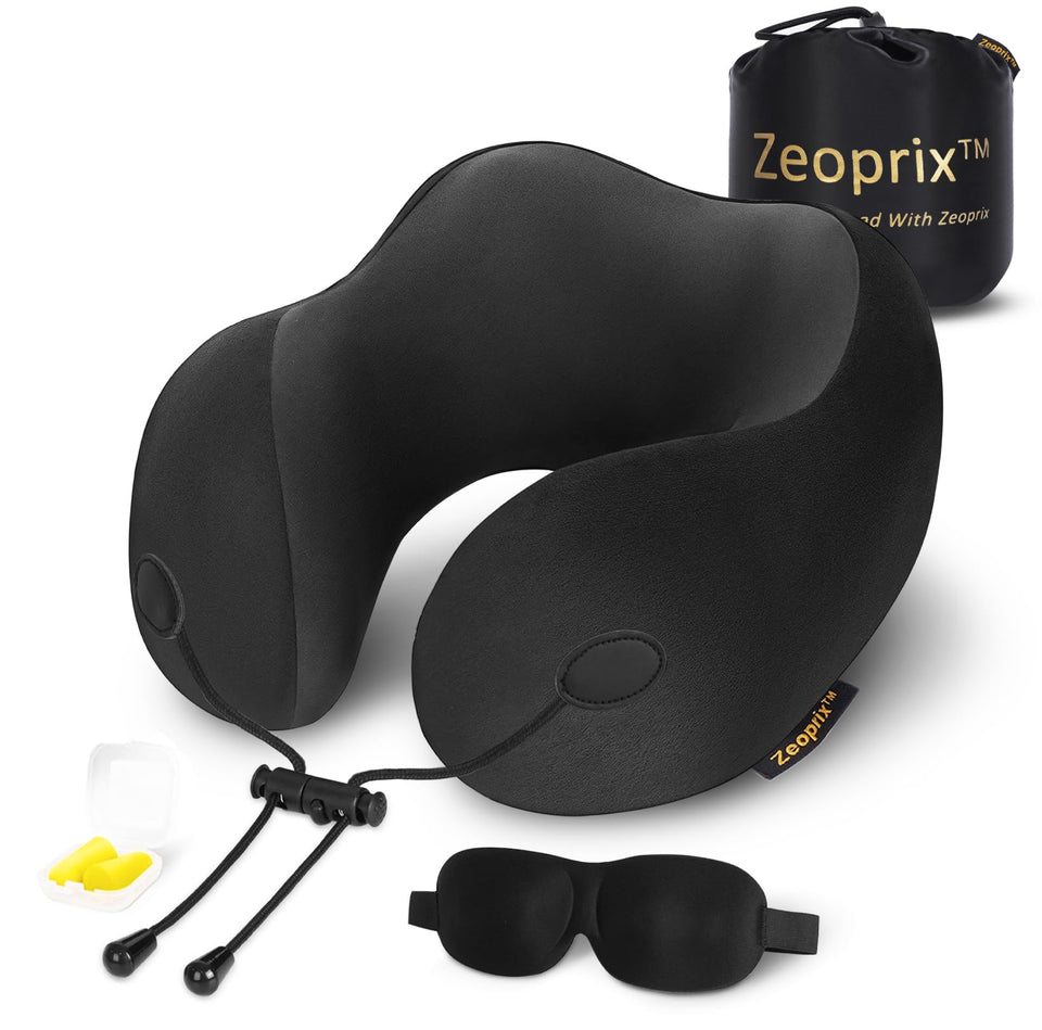 ZEOPRIX travel pillow front view highlighting ergonomic neck support for flights