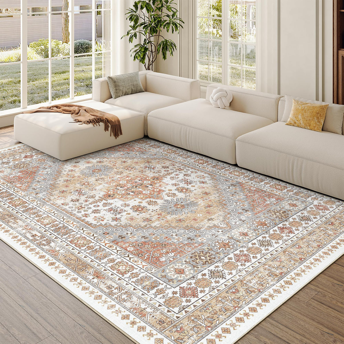Zesthome orange geometric rug with stain-resistant fibers keeps colors vibrant.