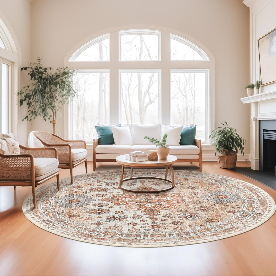 Zesthome 8ft round orange rug for living room with non-slip backing.