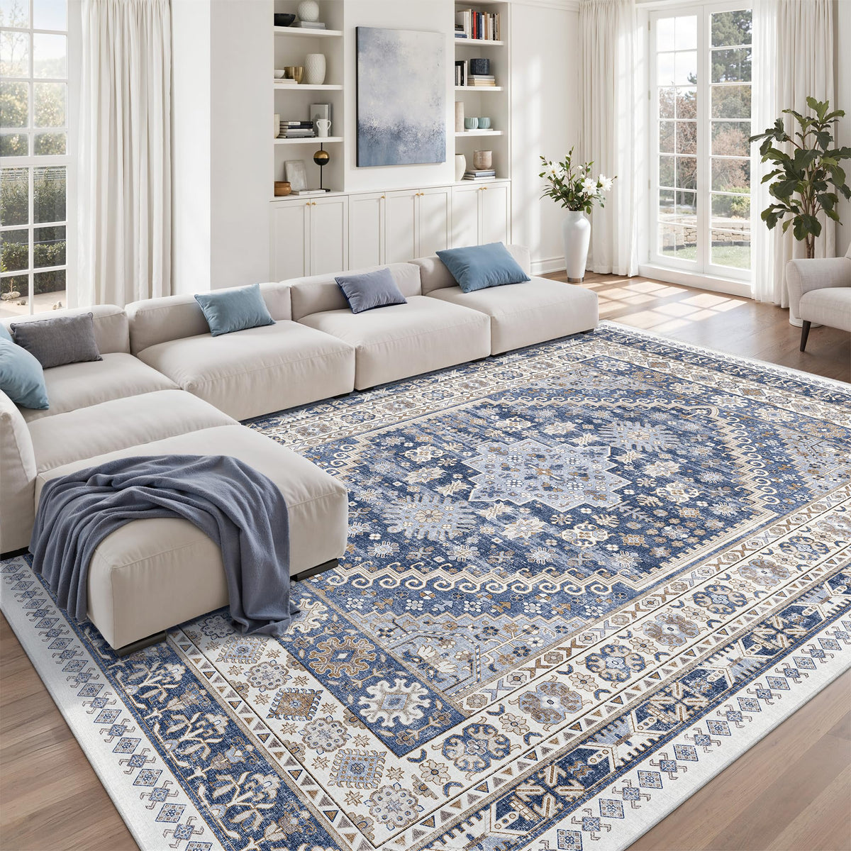 zesthome blue-beige 8x10 rug elevates living areas with durable design