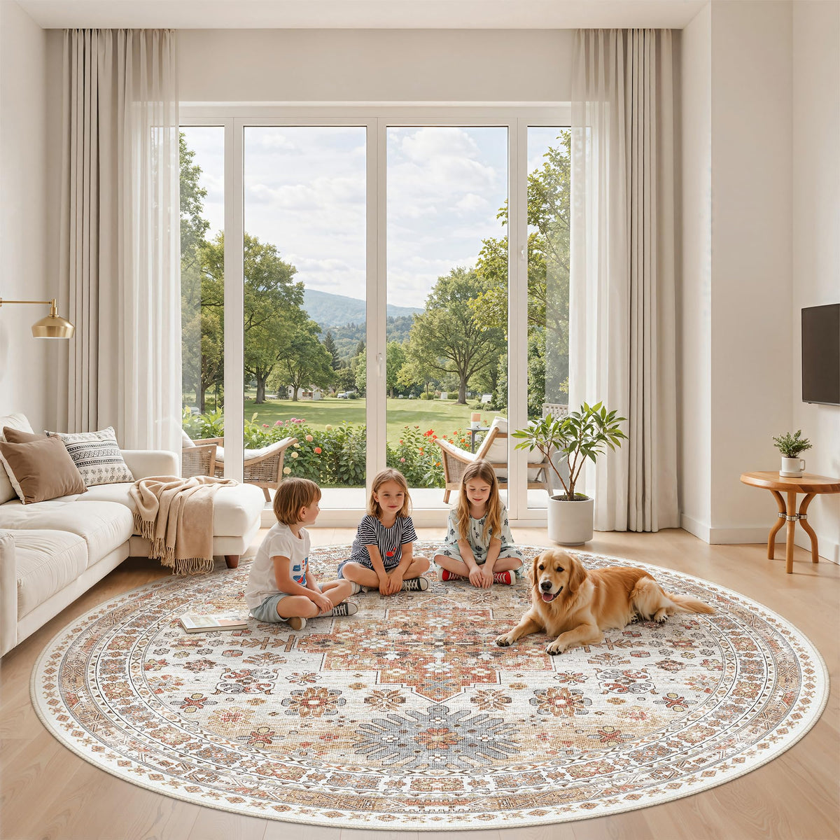 Zesthome stain-resistant round rug preserves vibrant orange color.