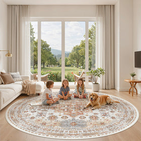 Zesthome stain-resistant round rug preserves vibrant orange color.
