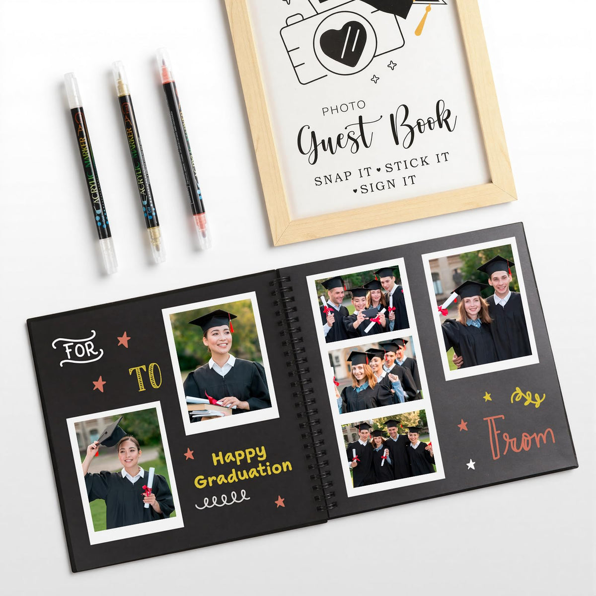 Zesua photo guest book pages invite guests to add pictures and notes.