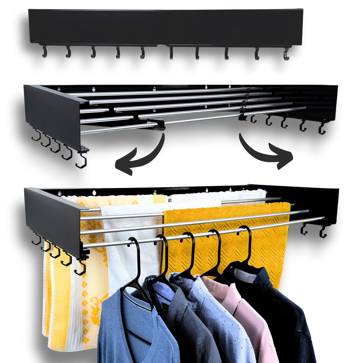 Zetez foldable wall-mounted drying rack extended with five aluminum rods for ample laundry space