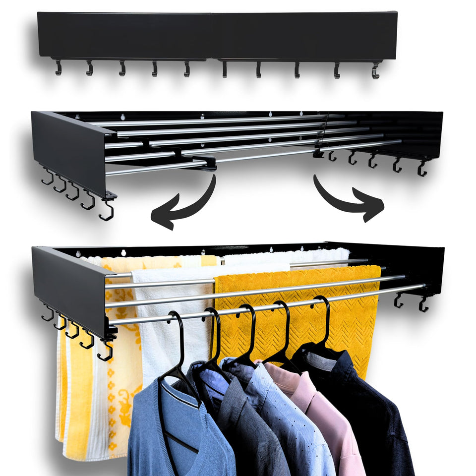 Zetez foldable wall-mounted drying rack extended with five aluminum rods for ample laundry space