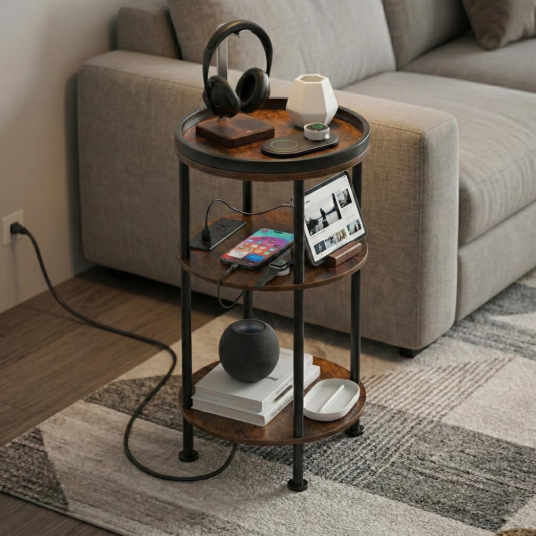 ZEXVIDA 3-tier round table with wood-like top offers versatile storage