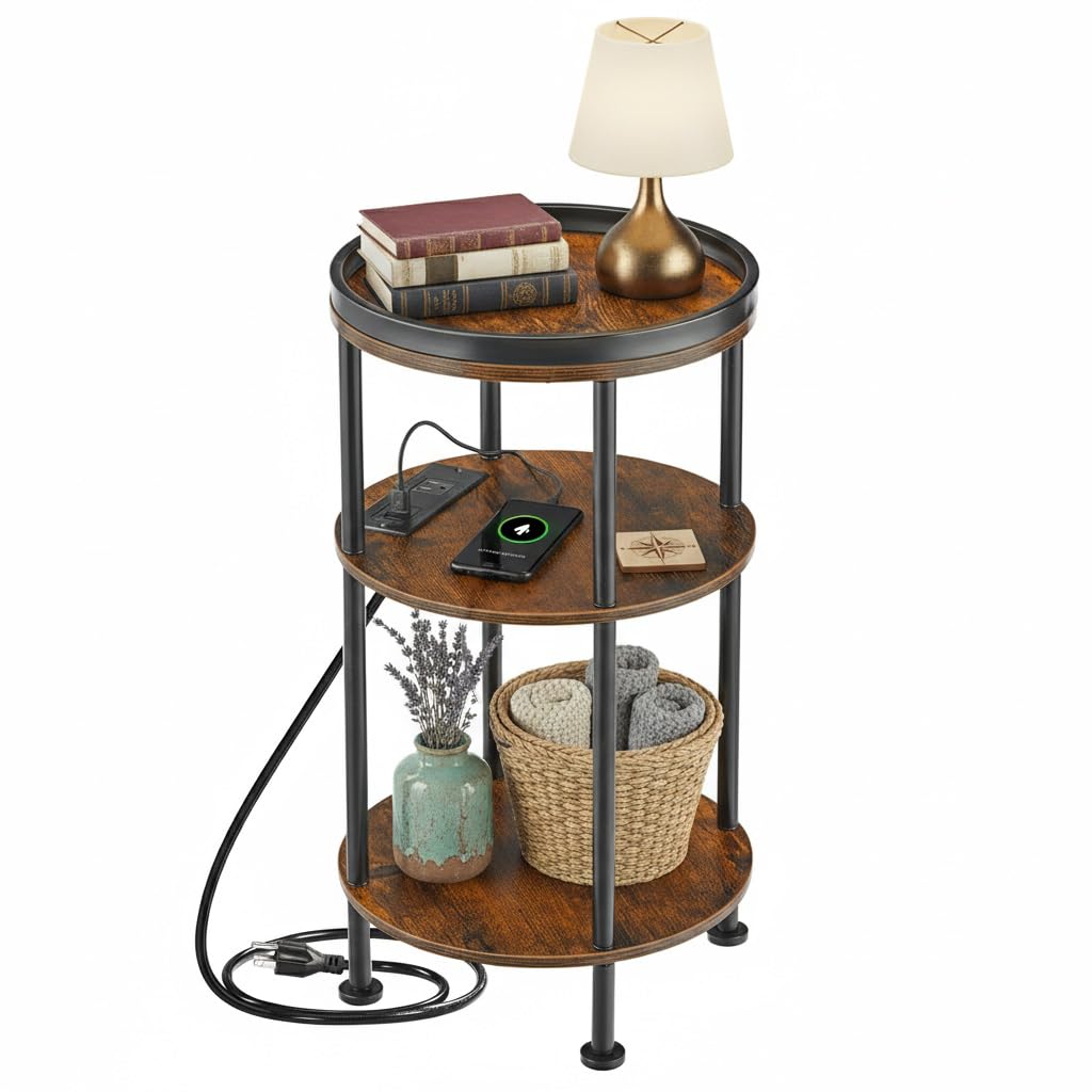 ZEXVIDA round end table with charging station fits small spaces for living rooms