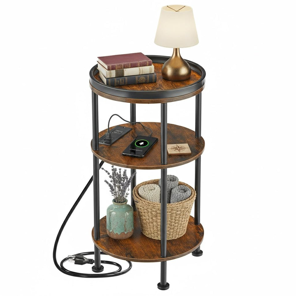 ZEXVIDA round end table with charging station fits small spaces for living rooms