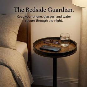 Slender silhouette of the table fitting a narrow gap between furniture.