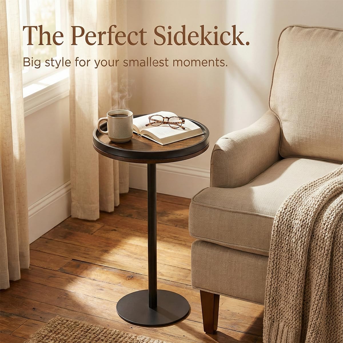 Tray-top table close-up with raised lip, preventing spills on busy nights.