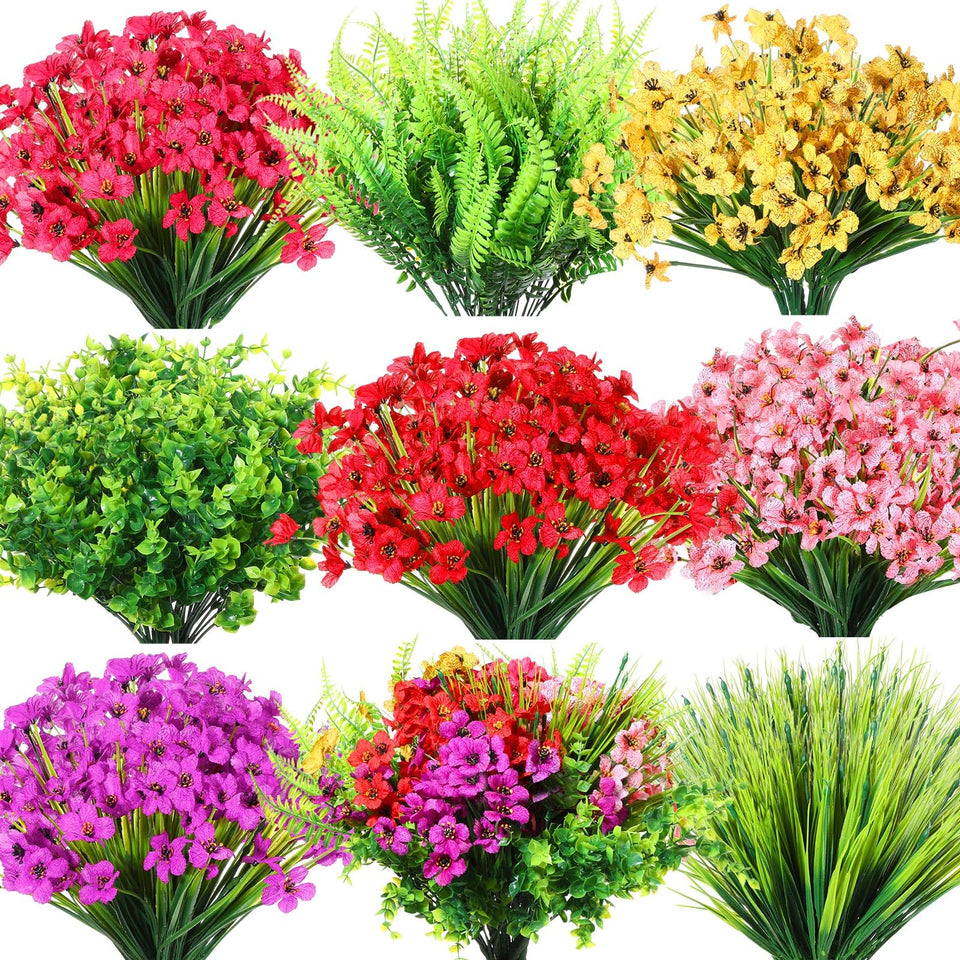 Zeyune 56-pack outdoor artificial flowers in vibrant colors for exterior décor.