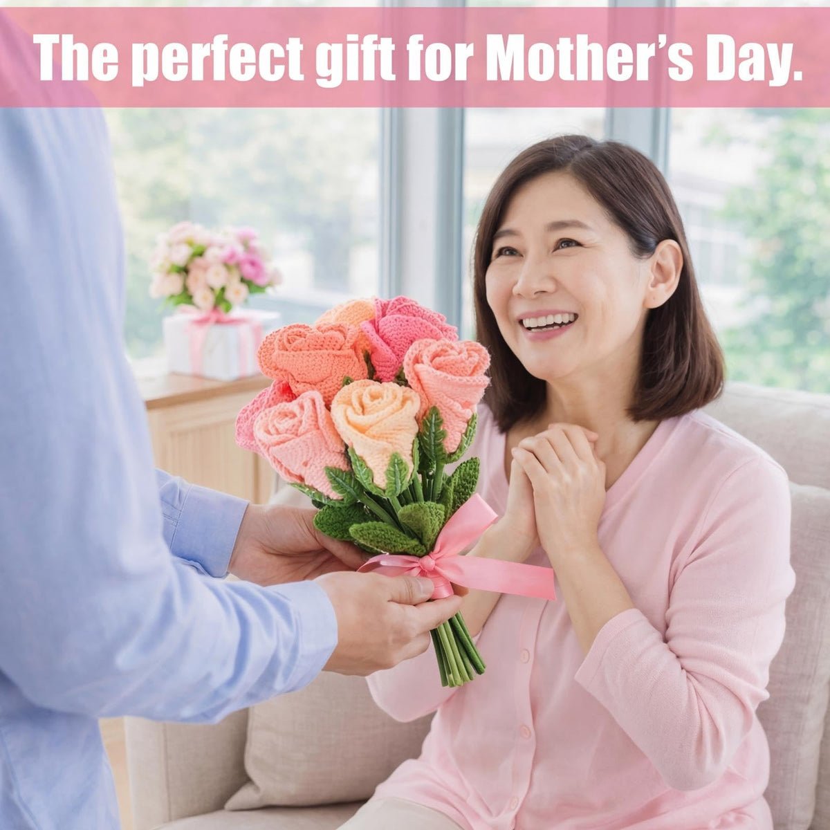 Zeyune pink crochet bouquet enhances cozy living room accents.