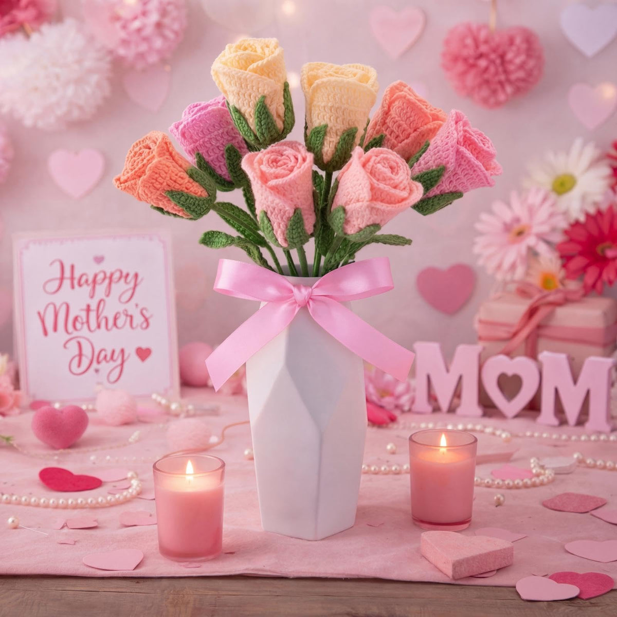 Zeyune pink crochet roses on table centerpiece for romantic ambiance.