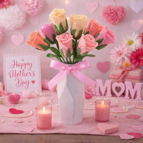 Zeyune pink crochet roses on table centerpiece for romantic ambiance.