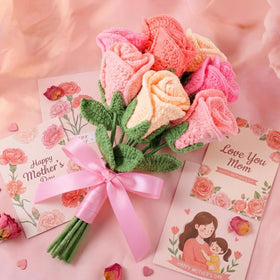 Zeyune pink knitted roses crafted to resemble fresh blooms.