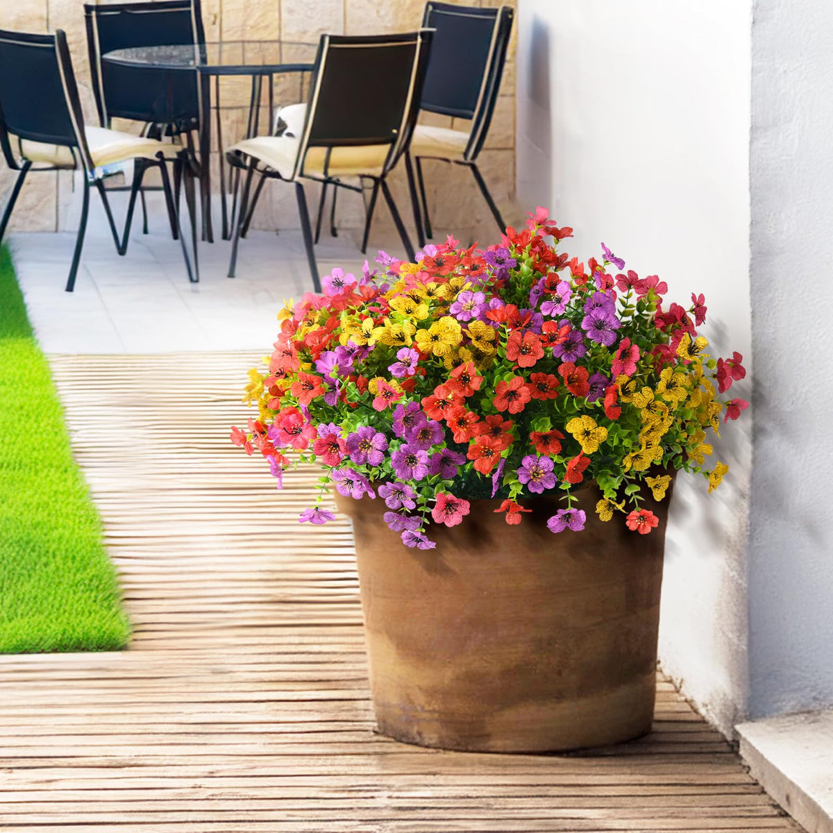 ZFProcess artificial flowers shown in planters and hanging baskets.