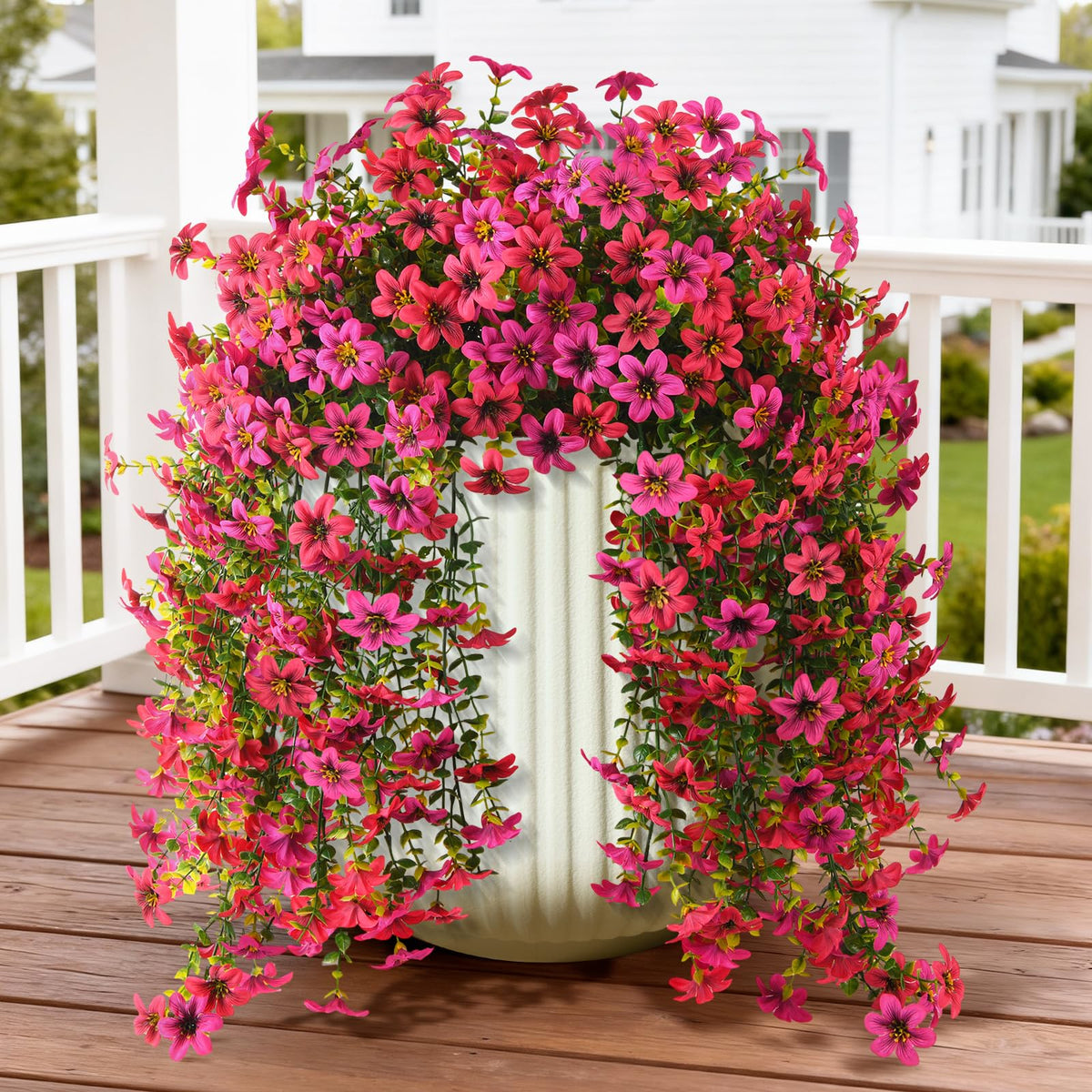 ZFProcess rose-red hanging daisy pair enhances porch decor with vibrant color.