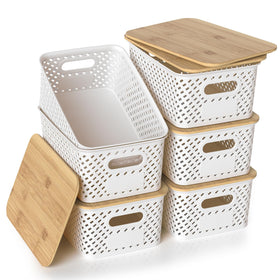 ZFTMRR plastic storage bins with bamboo lids for six-pack organization on shelves
