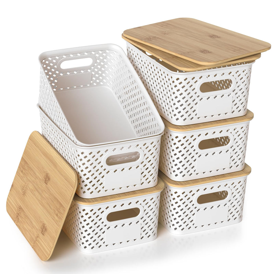 ZFTMRR plastic storage bins with bamboo lids for six-pack organization on shelves