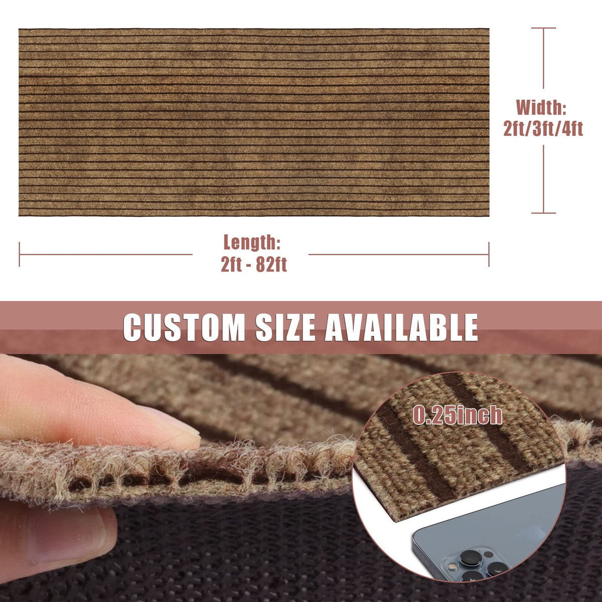 Close-up of brown stripe on ZGR runner rug showing low-profile, stain-resistant polyester.