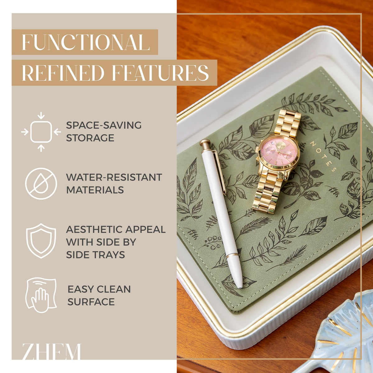 ZHEM water-resistant valet tray protects surfaces during daily use