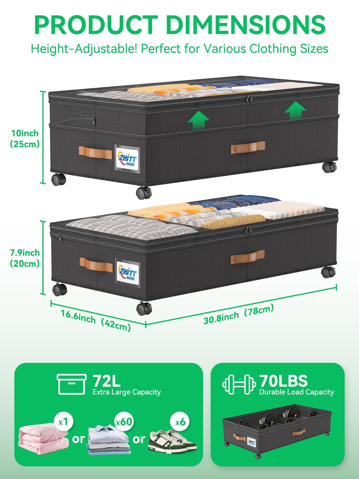 ZHITTHOME under-bed storage with wheels with transparent lid for quick identification