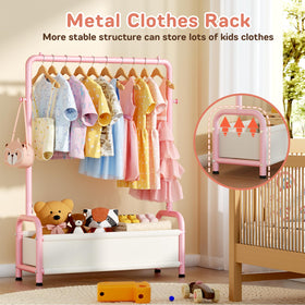 ZHKINGGS baby garment rack with bottom storage basket for toys and extras.