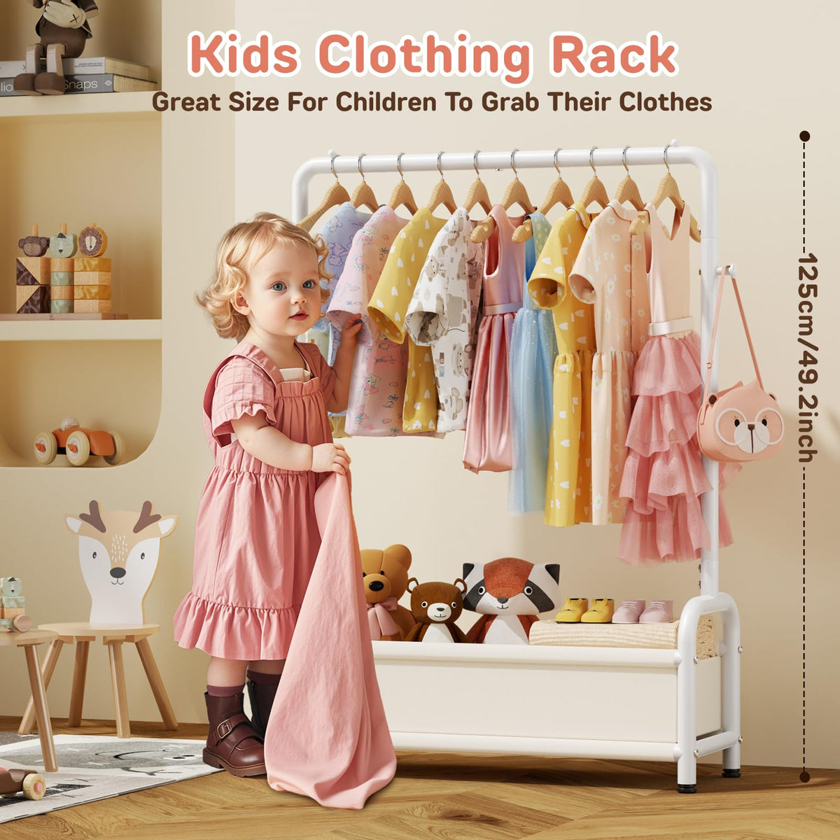 ZHKINGGS dress-up rack at kid height encourages independent choosing